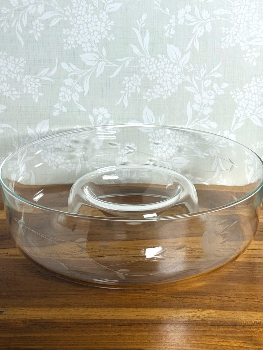 Princess House Etched Clear Glass Chip & Dip Serving Bowl